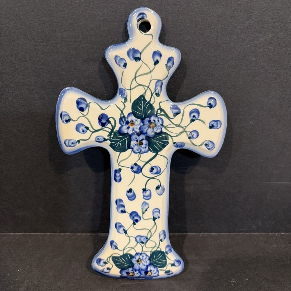 Boleslawiec Polish Cross Pottery Easter UNIKAT Stoneware Artisan Violets Holy